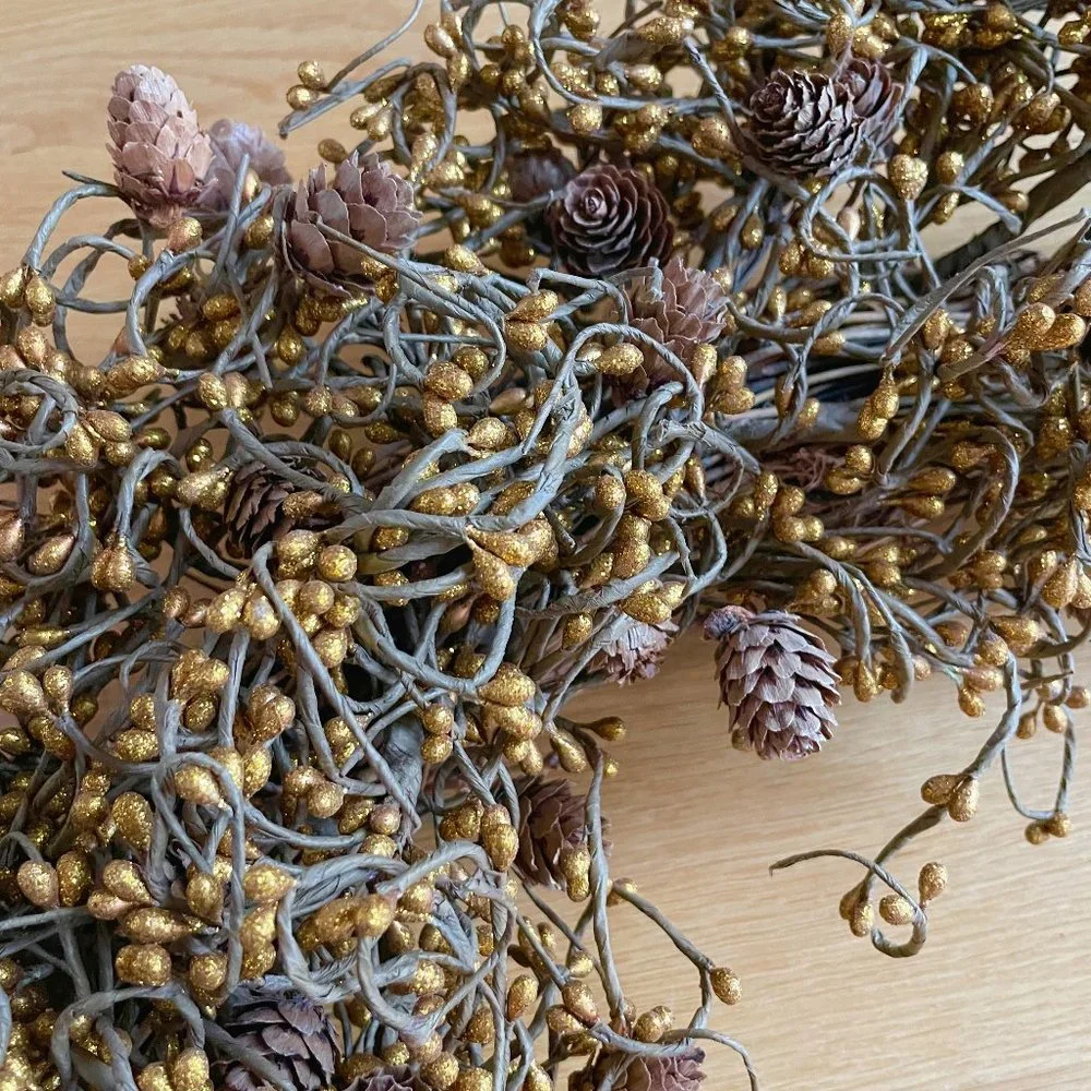 Anthropologie Gold Glittered Garland Wreath with Pinecones Christmas Tree Trim